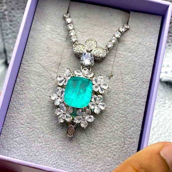 S925 huge Paraiba Tourmaline flower bridal jewelry set - Picture 3 of 16